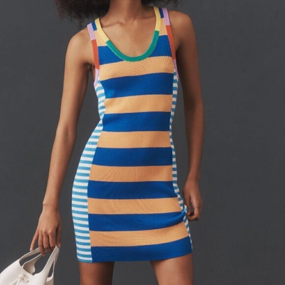#20 NWT MOTHER Denim The Chin Ups Mini Dress in Navy Blue Stripe - Picture 1 of 5